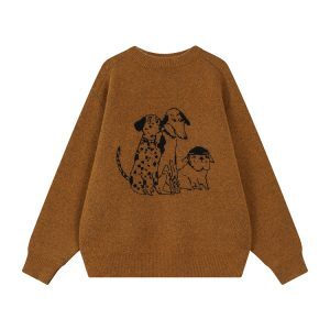 Korean Style Cartoon Print Round Neck Long Sleeve Knitted Sweater for Women - Autumn Winter Loose Pullover Top