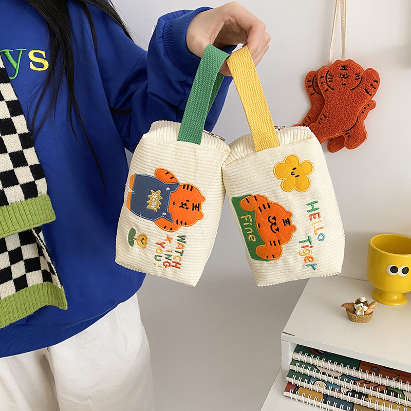 Korean Style Cartoon Tiger Embroidered Handbag, Versatile Corduroy Clutch for Women, Mobile Phone & Storage Bag