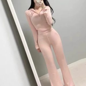 Korean Style Casual Sexy Waist-Cinching Hoodie and Flared Pants Women's Fashion Set - Versatile 90s Inspired Outfit