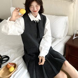 Korean Style College Fashion Shirt Dress Set for Women - Spring Autumn 2025 Age-Reducing Pleated Skirt Two-Piece Trend