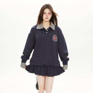 Korean Style College Plaid Spliced Polo Sweatshirt & Pleated Skirt Women's Sports Suit Two-Piece Set for Spring & Autumn