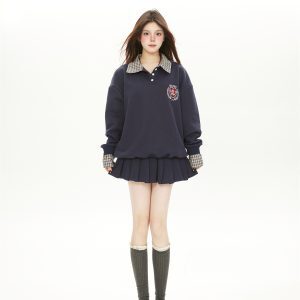 Korean Style College Plaid Spliced Polo Sweatshirt & Pleated Skirt Women's Sports Suit Two-Piece Set for Spring & Autumn
