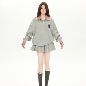 Korean Style College Plaid Spliced Polo Sweatshirt & Pleated Skirt Women's Sports Suit Two-Piece Set for Spring & Autumn