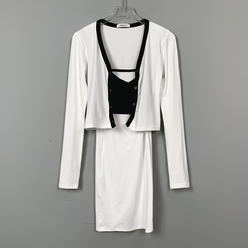 Korean Style Color-Block Cross Chest-Enhancing Camisole Dress with Short Cardigan Long Sleeve Two-Piece Set for Women
