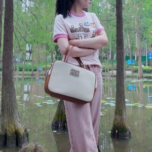 Korean Style Color-Blocking Canvas Bowling Handbag, Versatile Tote Shoulder Bag for Fashionable Everyday Use