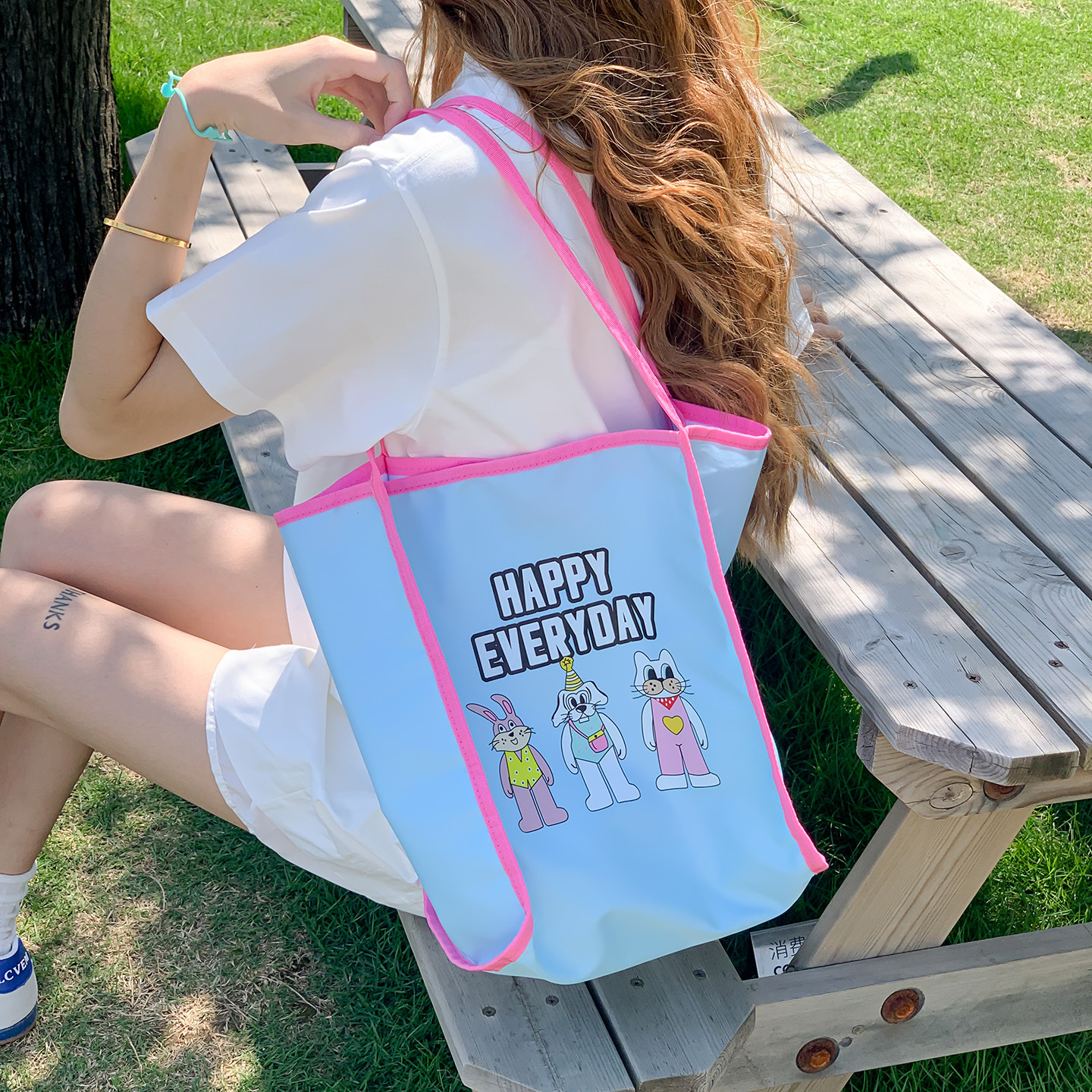 Korean Style Color-Blocking Canvas Tote Bag for Women, Trendy Cartoon Girl Design, Spring/Summer Student Shoulder Bag 2025