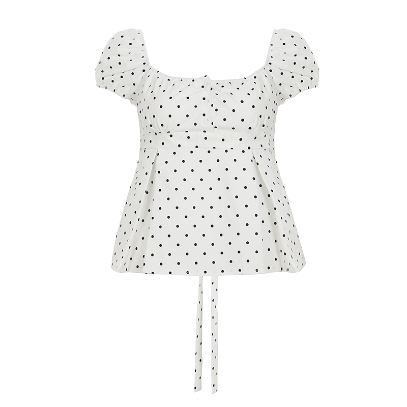 Korean-Style Color-Blocking Polka Dot Low Square Neck T-Shirt with Puff Sleeves - Versatile Loose Short Top for Effortless Chic