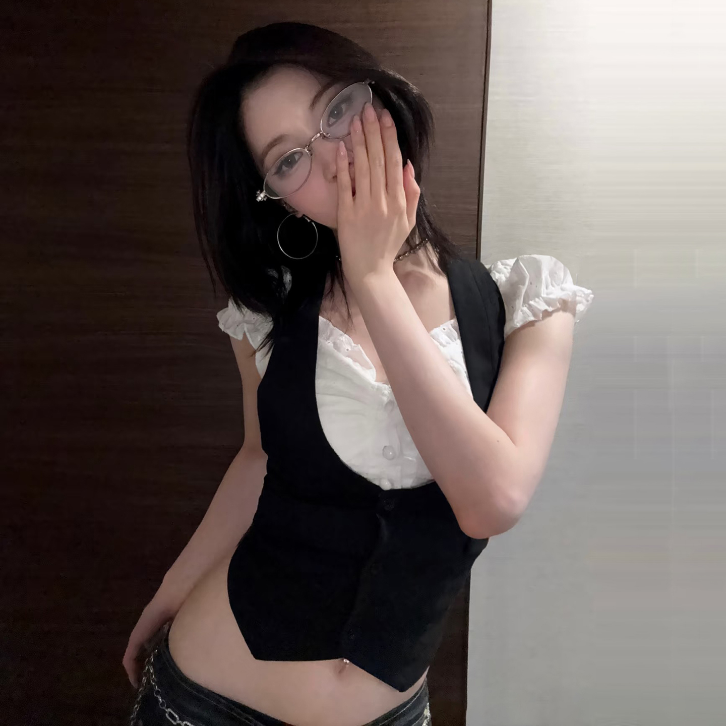 Korean Style Color-Blocking Ruffled Cap Sleeve Two-Piece T-Shirt Vest Short Top - Trendy College Casual Fashion