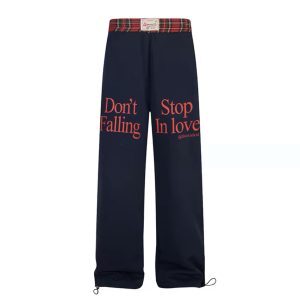 Korean Style Dark Blue Plaid Splicing Sweatpants for Women - Color Block Letter Design, Straight Leg, Perfect for Early Autumn Dance Wear
