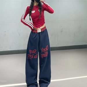 Korean Style Dark Blue Plaid Splicing Sweatpants for Women - Color Block Letter Design, Straight Leg, Perfect for Early Autumn Dance Wear