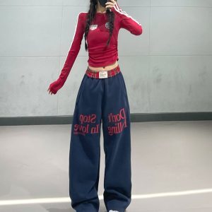 Korean Style Dark Blue Plaid Splicing Sweatpants for Women - Color Block Letter Design, Straight Leg, Perfect for Early Autumn Dance Wear