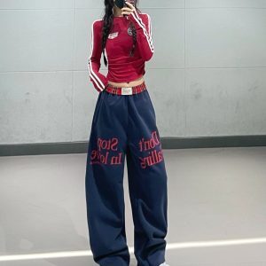 Korean Style Dark Blue Plaid Splicing Sweatpants for Women - Color Block Letter Design, Straight Leg, Perfect for Early Autumn Dance Wear
