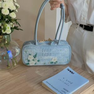 Korean Style Denim Floral Embroidery Bowling Shoulder Bag - Versatile Spring/Summer Commuter Handbag for Fresh Looks
