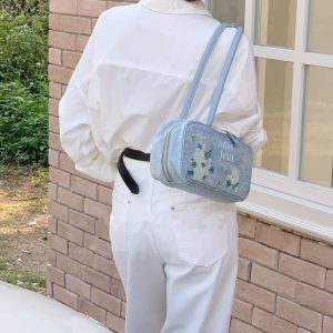 Korean Style Denim Floral Embroidery Bowling Shoulder Bag - Versatile Spring/Summer Commuter Handbag for Fresh Looks