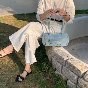 Korean Style Denim Floral Embroidery Bowling Shoulder Bag - Versatile Spring/Summer Commuter Handbag for Fresh Looks