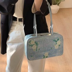 Korean Style Denim Floral Embroidery Bowling Shoulder Bag - Versatile Spring/Summer Commuter Handbag for Fresh Looks
