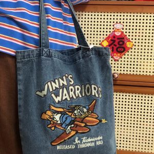 Korean-Style Embroidered Denim Shoulder Bag for Women, Trendy Large Capacity Commuter Tote, Japanese-Inspired Design