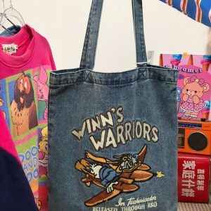 Korean-Style Embroidered Denim Shoulder Bag for Women, Trendy Large Capacity Commuter Tote, Japanese-Inspired Design