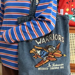 Korean-Style Embroidered Denim Shoulder Bag for Women, Trendy Large Capacity Commuter Tote, Japanese-Inspired Design