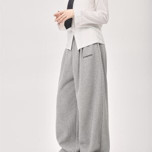 Korean Style Embroidered Fleece Sports Pants for Women - Casual Loose Fit, Straight-Leg, Trendy Knitted Autumn Winter Pants