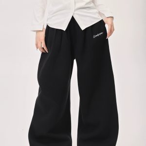 Korean Style Embroidered Fleece Sports Pants for Women - Casual Loose Fit, Straight-Leg, Trendy Knitted Autumn Winter Pants