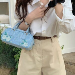 Korean Style Floral Embroidered Denim Bowling Handbag - Versatile Commuter Shoulder Crossbody Bag for Women - Spring/Summer Fashion