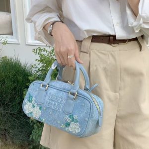 Korean Style Floral Embroidered Denim Bowling Handbag - Versatile Commuter Shoulder Crossbody Bag for Women - Spring/Summer Fashion