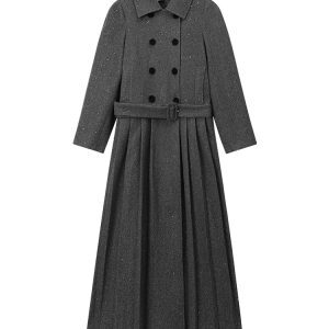 Korean Style Gray Polo Collar Padded Long Sleeve Dress for Women, Autumn Winter Waist-Cinched Pleated Skirt, High-End Fashion
