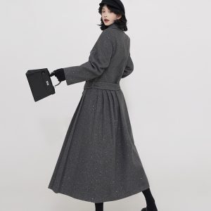Korean Style Gray Polo Collar Padded Long Sleeve Dress for Women, Autumn Winter Waist-Cinched Pleated Skirt, High-End Fashion