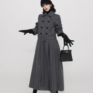 Korean Style Gray Polo Collar Padded Long Sleeve Dress for Women, Autumn Winter Waist-Cinched Pleated Skirt, High-End Fashion