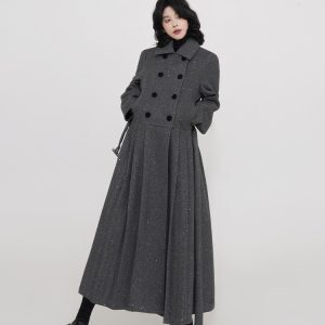 Korean Style Gray Polo Collar Padded Long Sleeve Dress for Women, Autumn Winter Waist-Cinched Pleated Skirt, High-End Fashion