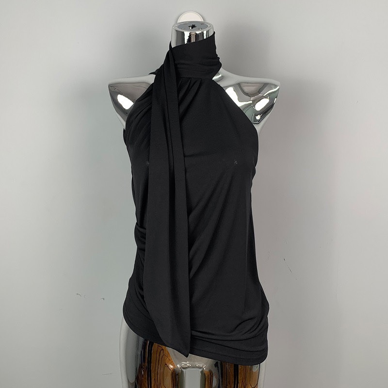 Korean Style Halter Off-Shoulder Sleeveless Top with Flowing Ribbons - Versatile and Sexy Women's Shirt for Gentle Temperament
