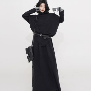 Korean Style High-Neck Thick Long Sleeve Knitted Sweater Set for Women - Irregular Loose Warm Top for Autumn and Winter