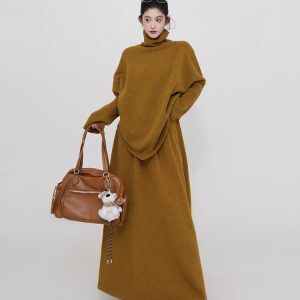 Korean Style High-Neck Thick Long Sleeve Knitted Sweater Set for Women - Irregular Loose Warm Top for Autumn and Winter