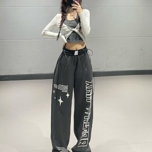 Korean Style High Street Loose Straight Casual Sports Pants for Women - Trendy Fall Vibe with Group Letter Design