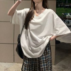 Korean Style Hip-Hop Short Sleeve V-Neck T-Shirt, Loose Fit Mid-Length Jazz Dance Practice Top for Trendy Looks
