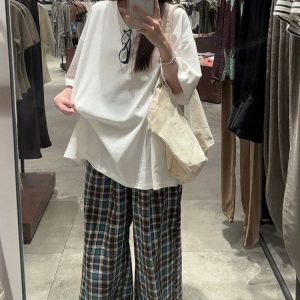 Korean Style Hip-Hop Short Sleeve V-Neck T-Shirt, Loose Fit Mid-Length Jazz Dance Practice Top for Trendy Looks