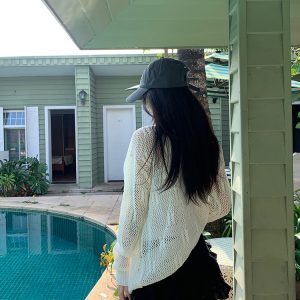 Korean Style Hollow Knit Long Sleeve Top for Women - Loose and Slimming Trendy 2024 Fashion Essential