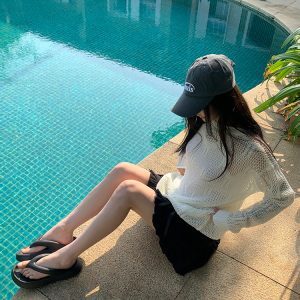 Korean Style Hollow Knit Long Sleeve Top for Women - Loose and Slimming Trendy 2024 Fashion Essential