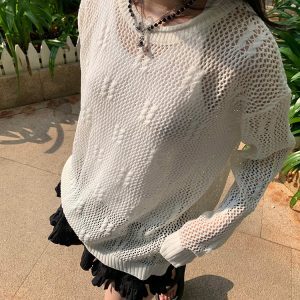 Korean Style Hollow Knit Long Sleeve Top for Women - Loose and Slimming Trendy 2024 Fashion Essential