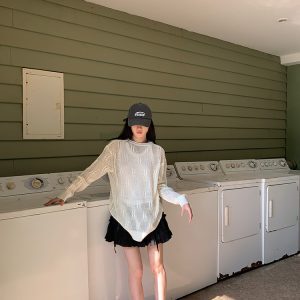 Korean Style Hollow Knit Long Sleeve Top for Women - Loose and Slimming Trendy 2024 Fashion Essential