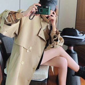Korean Style Khaki Trench Coat Jacket for Women – Loose Fit Elegant Spring Autumn Fashion Outerwear 2025