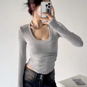 Korean Style Kpop Jazz Dance Long Sleeve U-Neck Knitted Top for Women - Slim Fit, Flattering, Versatile Streetwear Shirt