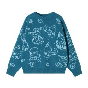 Korean Style Loose-Fit Red Round Neck Printed Knitted Sweater for Women - Thick Autumn/Winter Zodiac Year Top