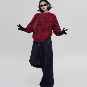 Korean Style Loose-Fit Red Round Neck Printed Knitted Sweater for Women - Thick Autumn/Winter Zodiac Year Top