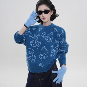 Korean Style Loose-Fit Red Round Neck Printed Knitted Sweater for Women - Thick Autumn/Winter Zodiac Year Top