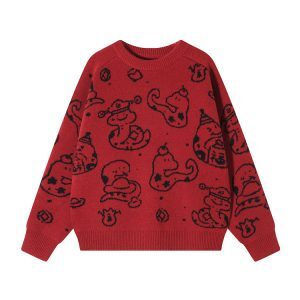 Korean Style Loose-Fit Red Round Neck Printed Knitted Sweater for Women - Thick Autumn/Winter Zodiac Year Top