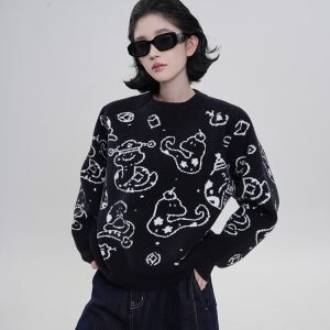Korean Style Loose-Fit Red Round Neck Printed Knitted Sweater for Women - Thick Autumn/Winter Zodiac Year Top
