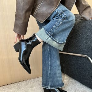 Korean-Style Nude Chunky Heel Short Boots with Back Zipper - 2024 Trendy Pointed Slim Design