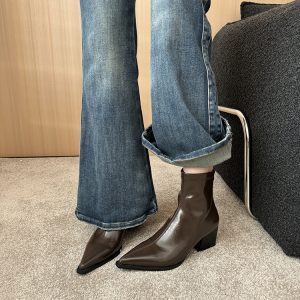 Korean-Style Nude Chunky Heel Short Boots with Back Zipper - 2024 Trendy Pointed Slim Design
